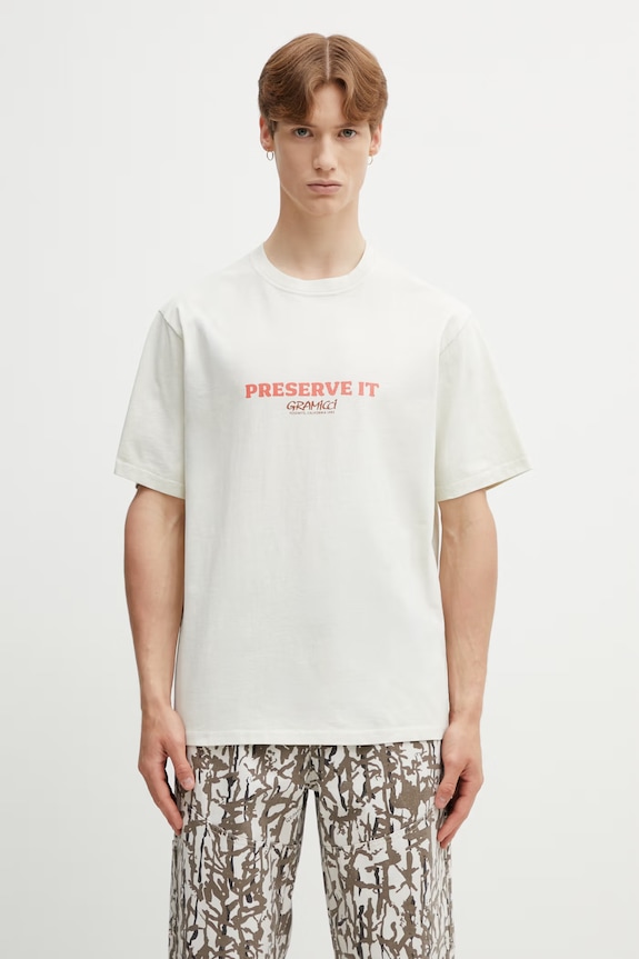 Odzież Gramicci FOOTPRINTS TEE PIGMENT DYED t-shirt basic bawełniany męski G6SU.T119. beżowy