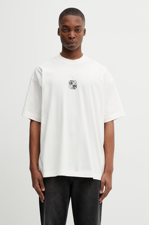 VETEMENTS t-shirt bawełniany Biker Cross Logo nadruk beżowy ME76TR168V