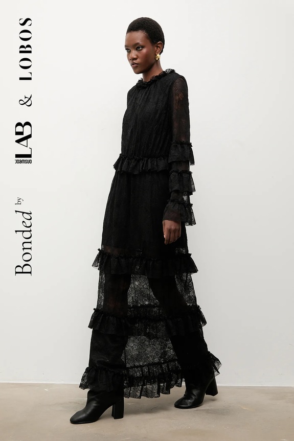Šaty Bonded by Answear.LAB & LOBOS čipka čierna SS25-83.tos