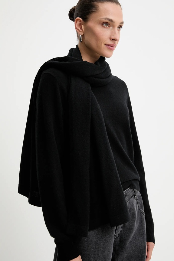 Answear.LAB sweter z wełny merino z szalem okrągły czarny WA25-SWD022