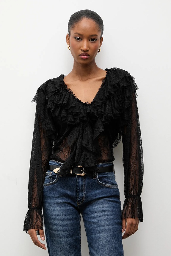 Answear.LAB Bluză cu volane de damă din dantelă model fin negru 93710.iok