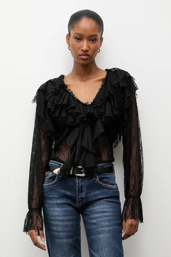 Answear.LAB Bluză cu volane de damă din dantelă model fin negru 93710.iok
