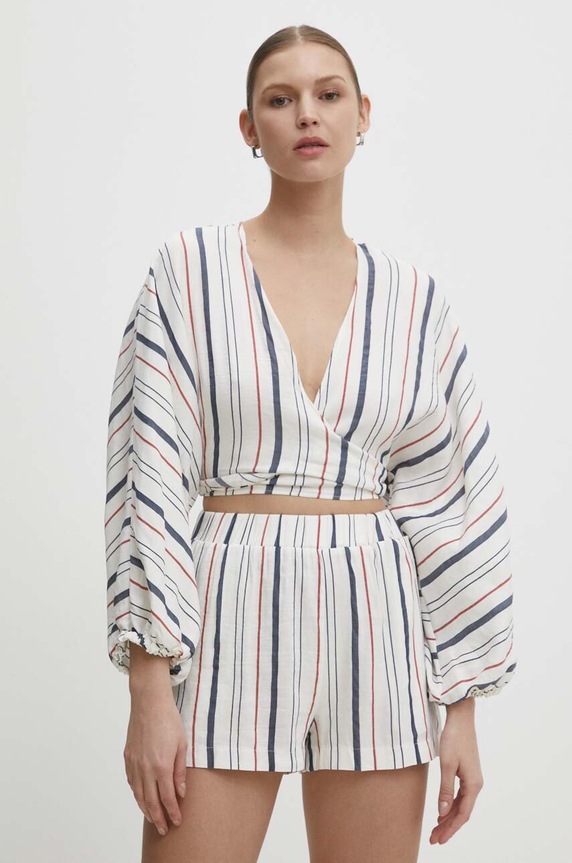 Answear Lab bluza din in curele alb 19206.tjs