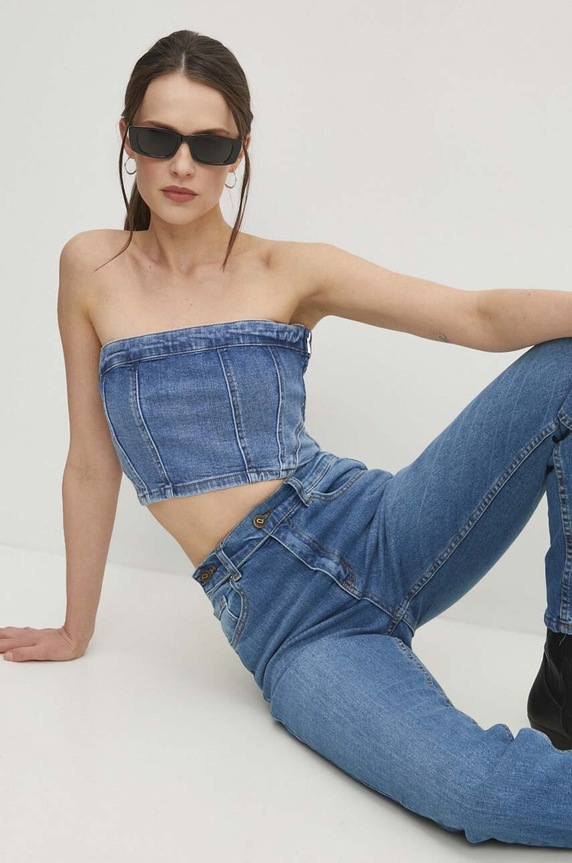 Answear Lab top din denim uni albastru hm651.fjs
