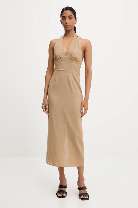 Answear Lab vestito in lino midi marrone ps9093s.fos