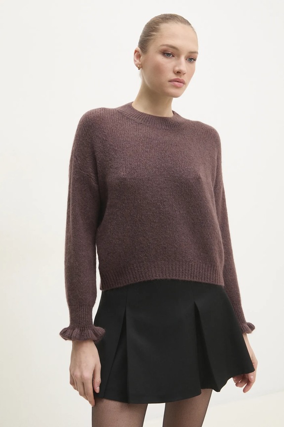 Answear.LAB sweter z domieszką wełny okrągły brązowy LU61002.FLK