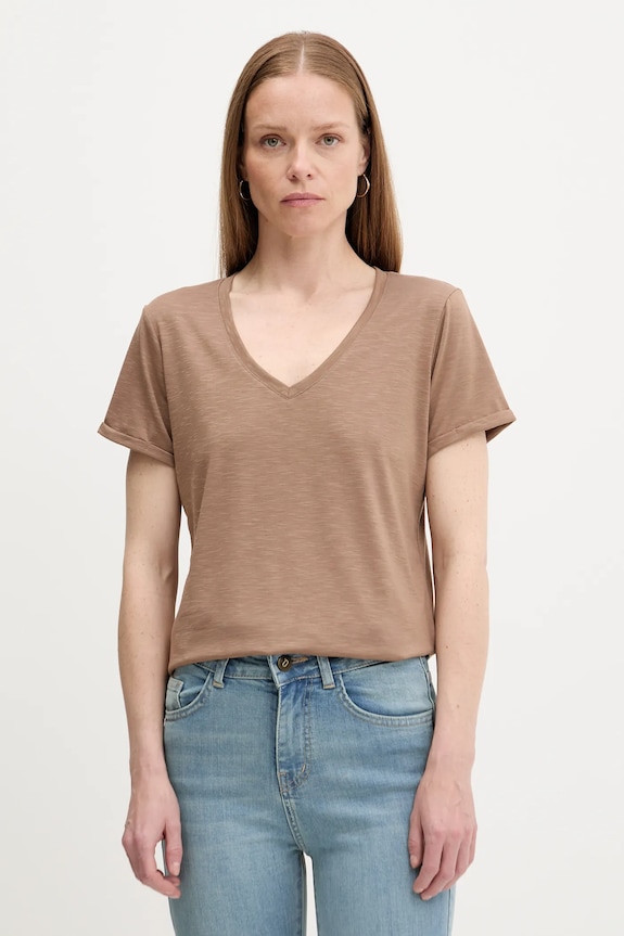 Lanena kratka majica Answear.LAB Brez vzorca rjava E24.73.FLK