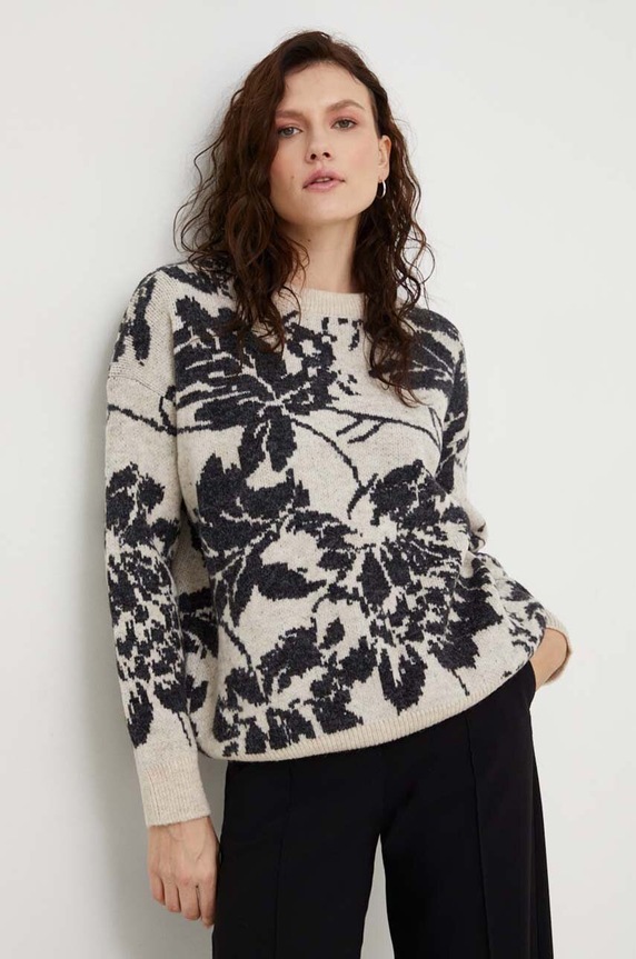 Answear Lab sweter z wełną okrągły beżowy 70271.tw
