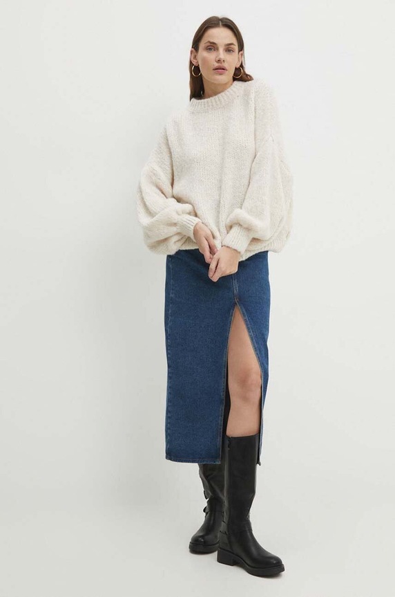 Answear Lab sweter z wełną okrągły beżowy 1IT.IKK