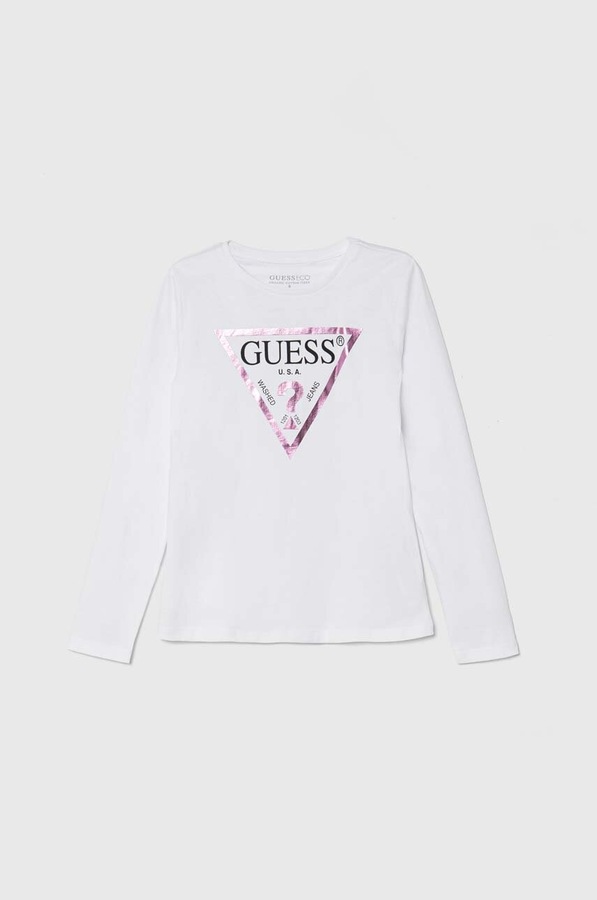 Дитячий бавовняний лонгслів Guess колір білий