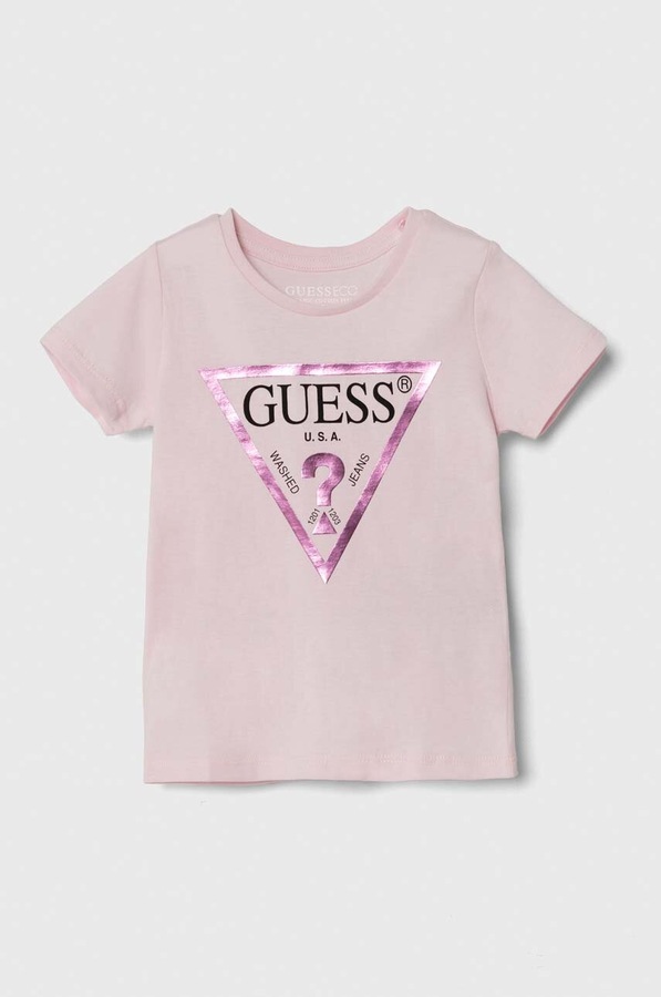 Дитяча бавовняна футболка Guess колір рожевий