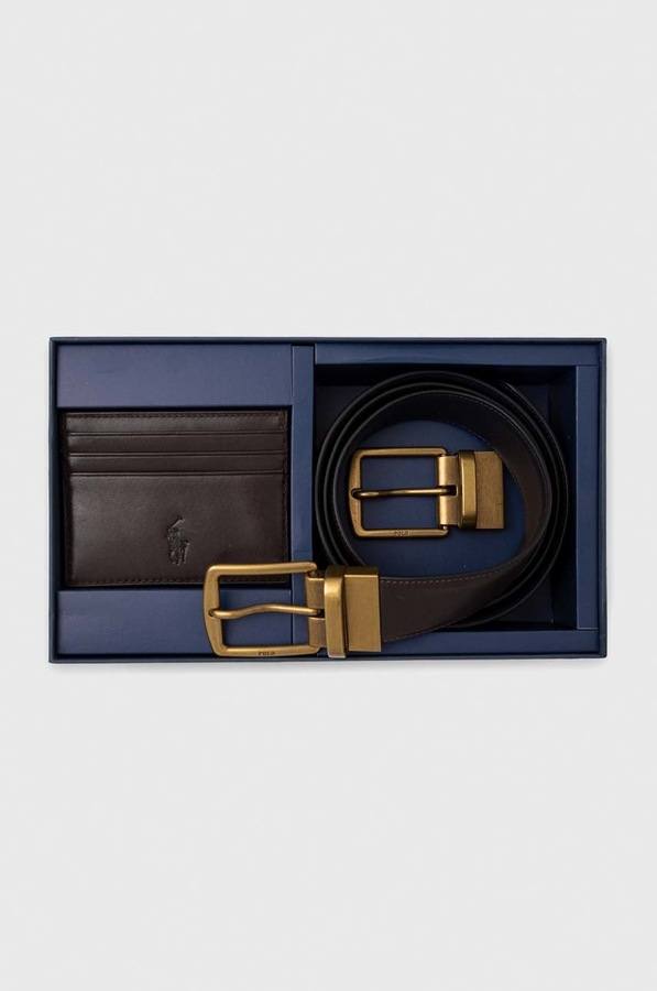 Шкіряні ремінь і футляр для карт Polo Ralph Lauren колір коричневий