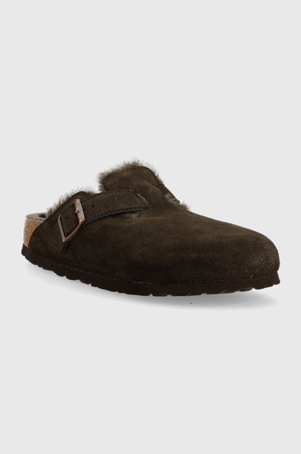 Замшеві шльопанці Birkenstock Boston FUR колір коричневий