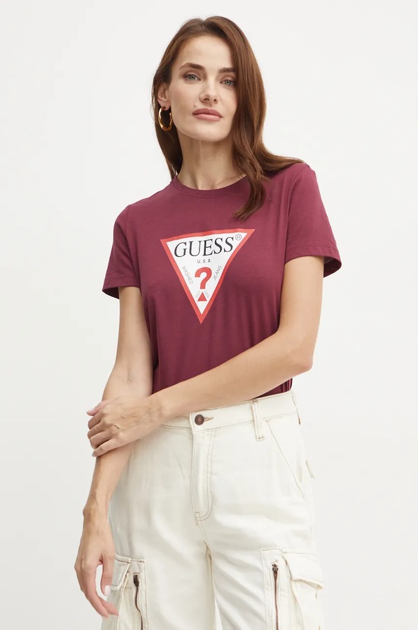 Бавовняна футболка Guess колір бордовий
