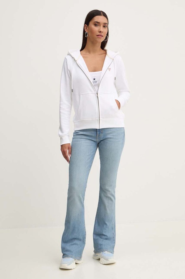 Кофта на застібці з капюшоном жіноча з бавовною Guess Jeans колір білий