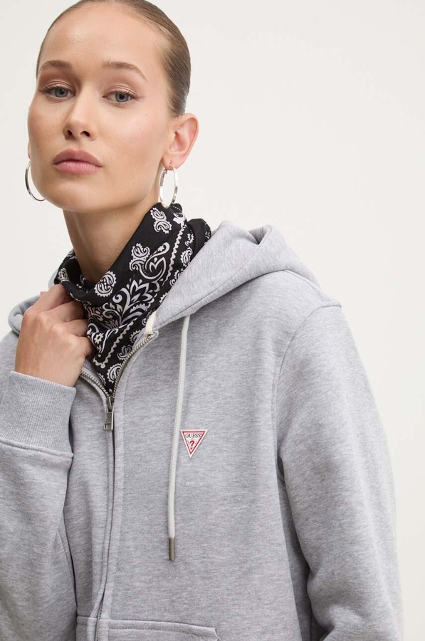 Кофта на застібці з капюшоном жіноча з бавовною Guess Jeans колір сірий фото 4