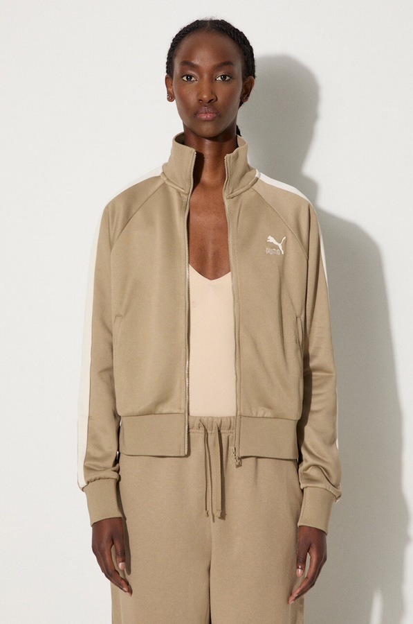 Кофта, яка розстібається жіноча з бавовною Puma Iconic T7 Track Jacket колір зелений
