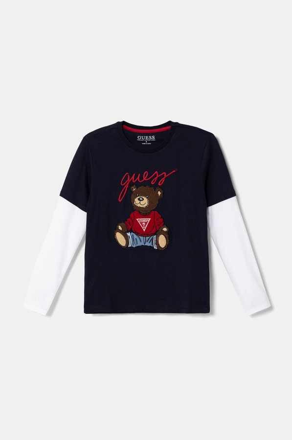 Дитячий бавовняний лонгслів Guess колір синій