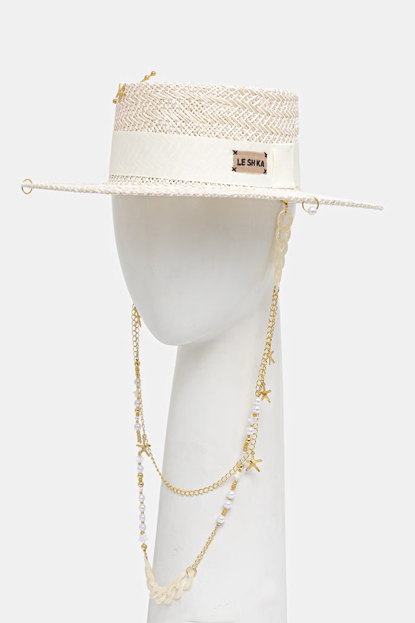 LE SH KA солом'яний капелюх жіночий LE SH KA headwear Double Chain Pearl Canotier колір бежевий