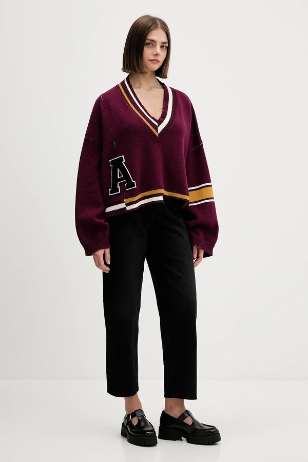 Вовняний светр Ambush Damaged Rib V Neck Sweater колір бордовий