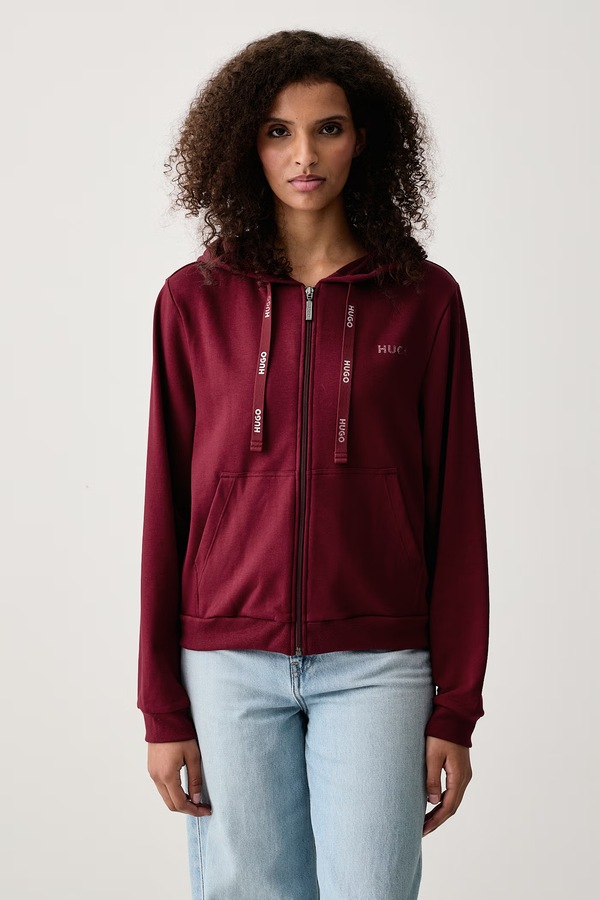 Кофта на застібці з капюшоном жіноча з бавовною HUGO ID_JACKET колір червоний