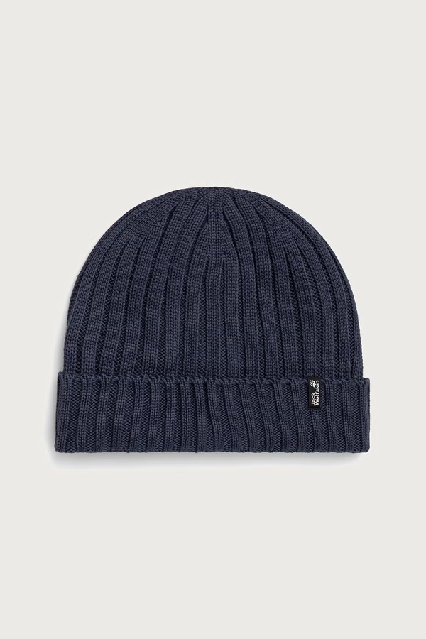 Шапка beanie з вовною Jack Wolfskin RIB KNIT колір темно-синій