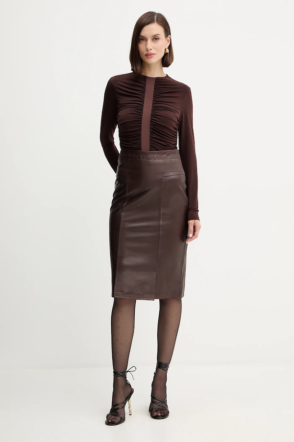 Шкіряна спідниця Herve Leger Estella колір коричневий