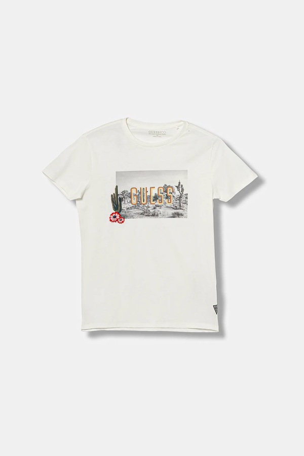 Детская хлопковая футболка Guess цвет бежевый