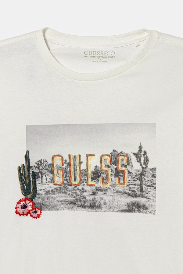 Дитяча бавовняна футболка Guess колір бежевий фото 2