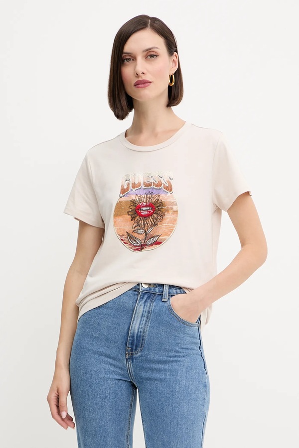 Бавовняна футболка Guess колір бежевий
