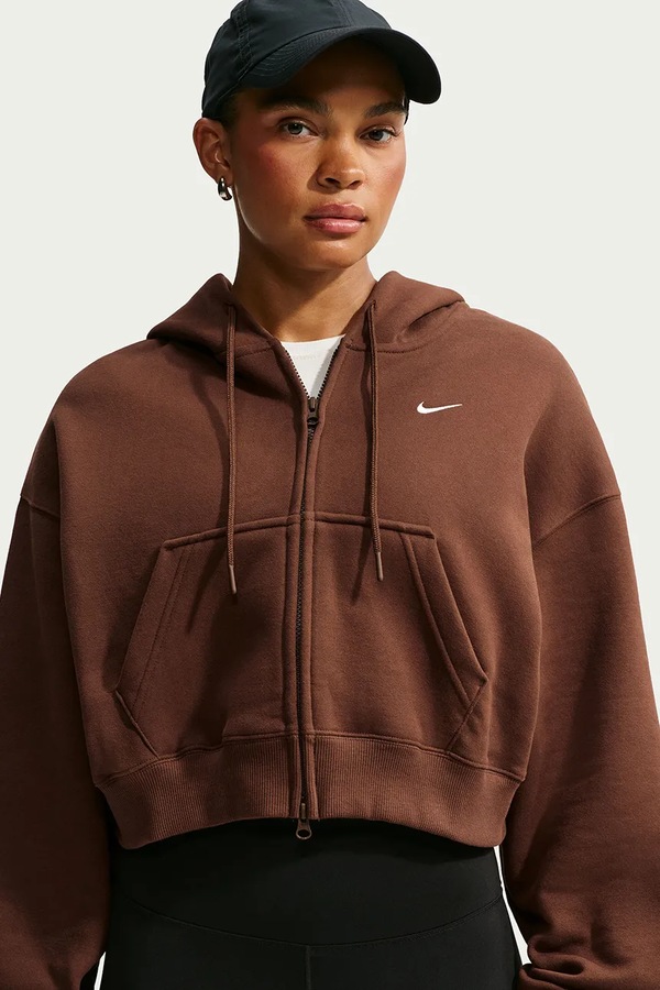 Кофта на застібці з капюшоном жіноча з бавовною Nike Sportswear Studio Fleece колір коричневий фото 3