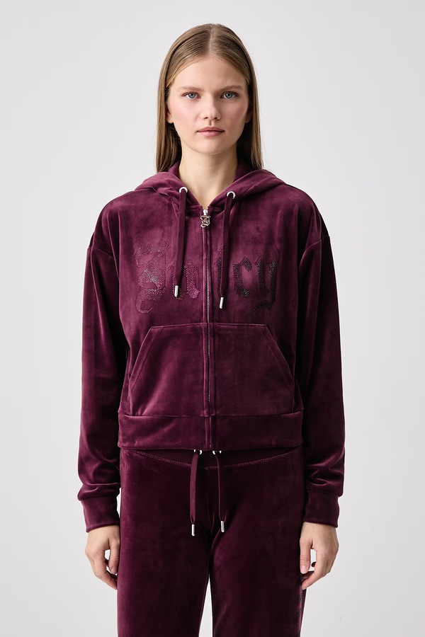 Кофта на застібці з капюшоном жіноча велюрова Juicy Couture OLD GOTHIC ICCLE колір бордовий