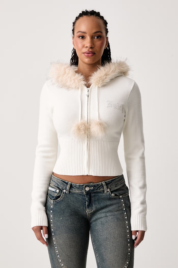 Светр на застібці жіночий з віскозою Juicy Couture KNIT JUICY DIAMANTE WITH FUR TRIM колір бежевий