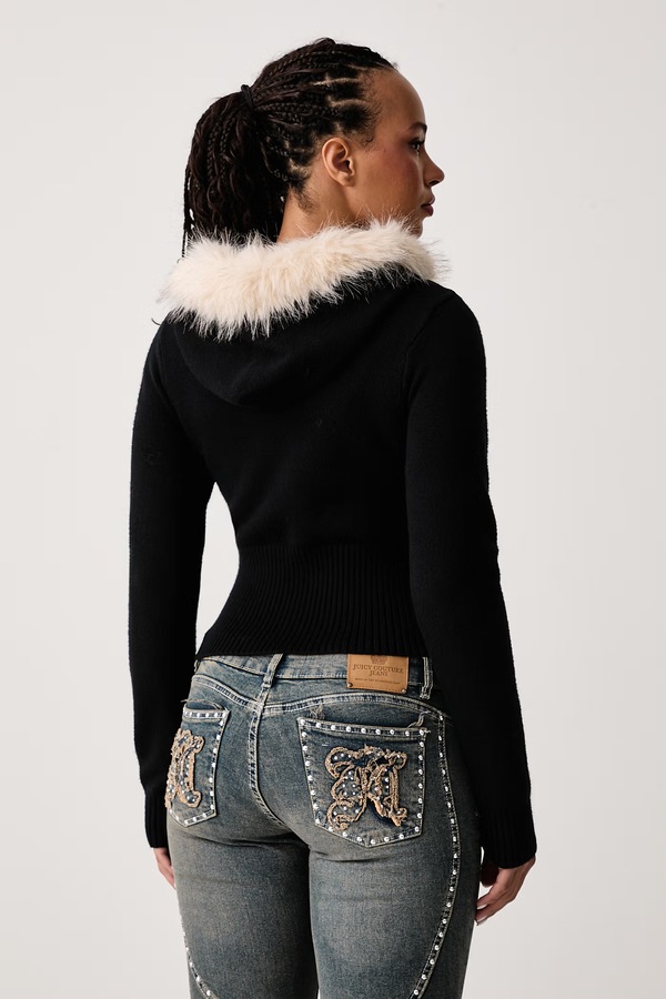 Светр на застібці жіночий з віскозою Juicy Couture KNIT JUICY DIAMANTE WITH FUR TRIM колір чорний фото 3
