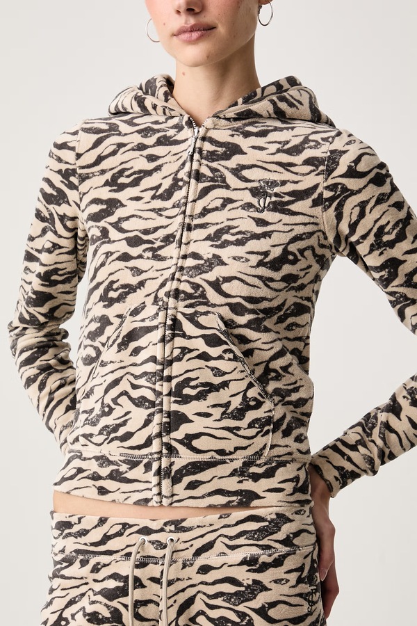 Кофта на застібці з капюшоном жіноча з бавовною Juicy Couture CAMO ZEBRA WASHED ROBYN колір бежевий фото 3