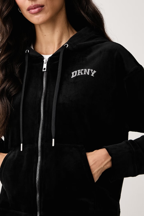 Кофта на застібці з капюшоном жіноча велюрова DKNY колір чорний фото 4