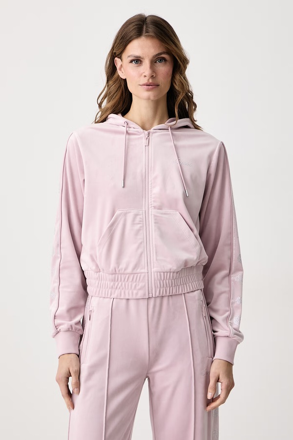 Кофта на застібці з капюшоном жіноча велюрова Guess AMALIA колір фіолетовий