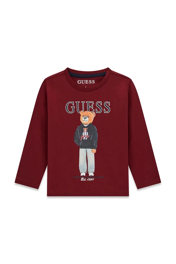 Лонгслів дитячий бавовняний Guess колір бордовий