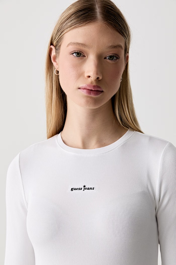 Лонгслів жіночий бавовняний з еластаном Guess Jeans колір білий фото 4