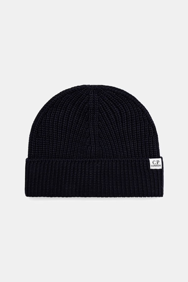 Шапка beanie із мериносової вовни C.P. Company колір темно-синій