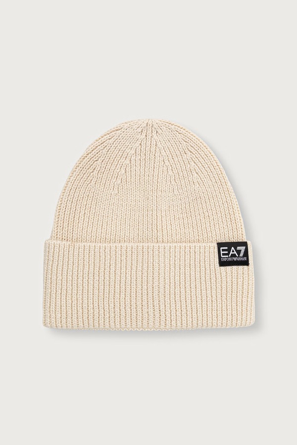 Шапка beanie жіноча з вовною EA7 Emporio Armani колір бежевий