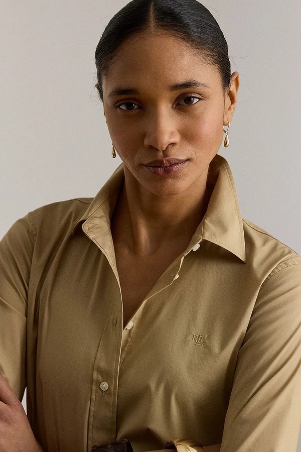 Сорочка жіноча з бавовною Lauren Ralph Lauren колір бежевий фото 4