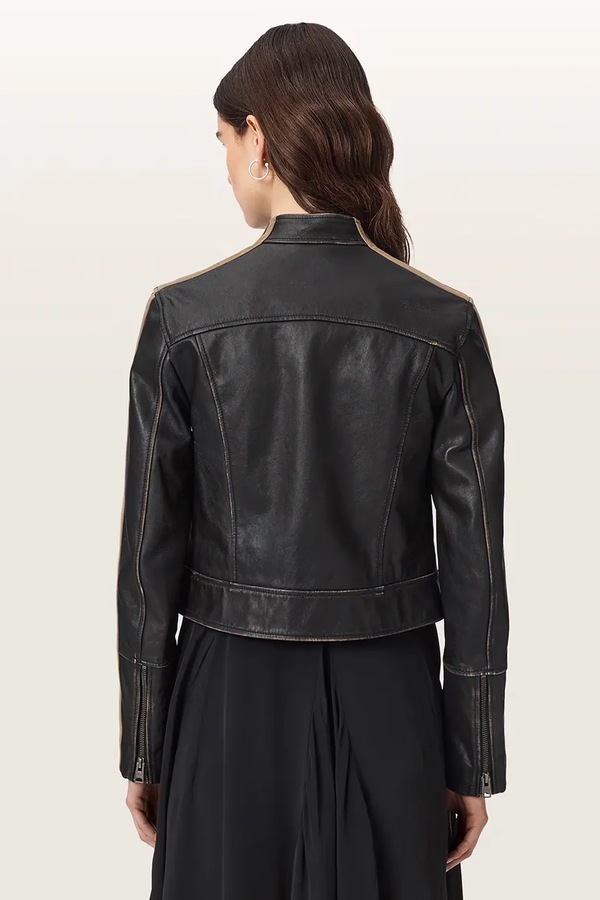 Коротка куртка жіноча шкіряна AllSaints TIGGY LEATHER JACKET колір чорний