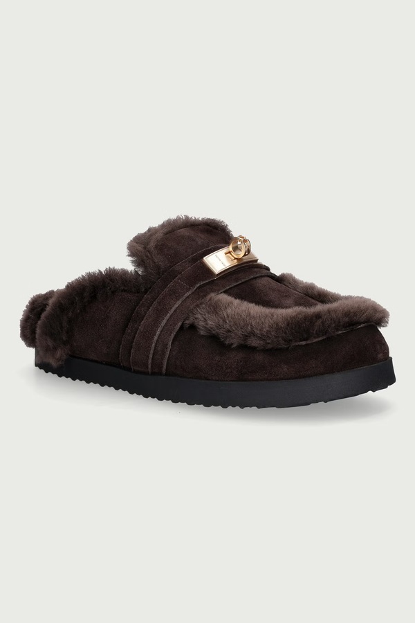 Капці жіночі шкіряні Nokwol Toby Brown Suede Shearling колір коричневий