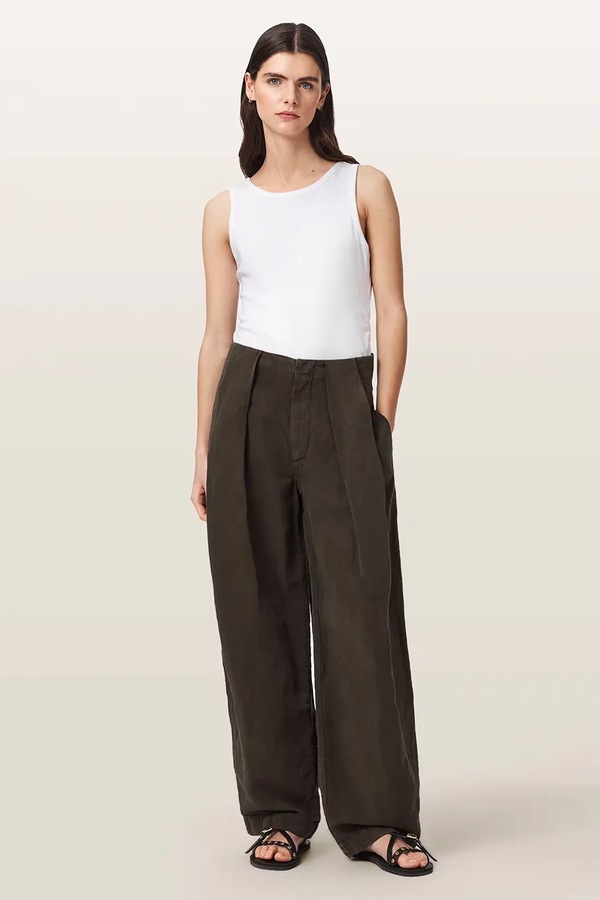 Штани wide leg жіночі з додаванням льону AllSaints PHI колір коричневий фото 2