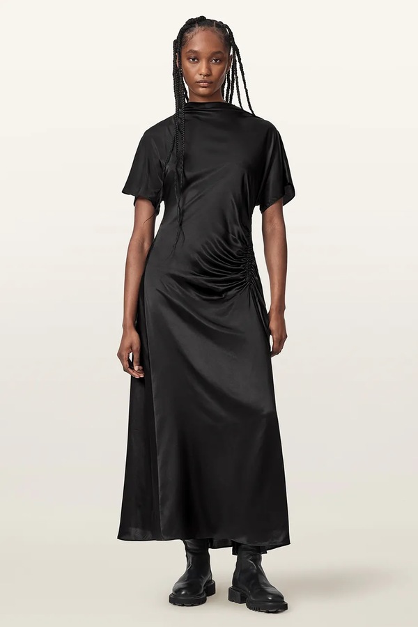 Розкльошена сукня з шовком AllSaints ROSIE колір чорний фото 3