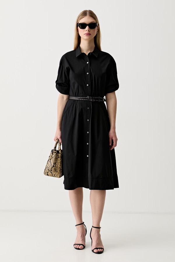 Розкльошена сукня бавовняна з еластаном DKNY колір чорний