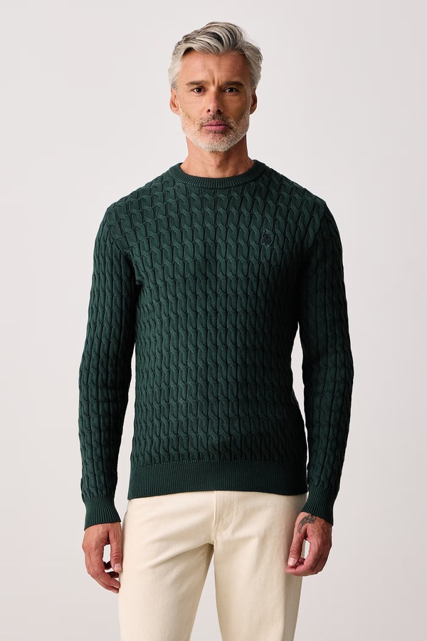 Свитер мужской хлопковый U.S. Polo Assn. CLASSIC COTTON CABLE KNIT CREW цвет зеленый