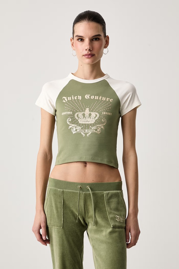 Футболка жіноча бавовняна з еластаном Juicy Couture REGAL REBELLE RAGLAN колір зелений