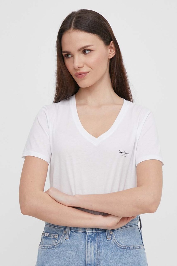 Бавовняна футболка Pepe Jeans LORETTE V NECK колір білий